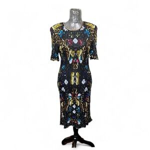 Vintage 80s Sequin Floral Baroque Beaded Silk Wiggle Dress Large Glam Statement